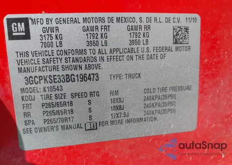 2011 Chevrolet Silverado 1500 Lt z USA, uszkodzony, nr VIN 3GCPKSE33BG196473